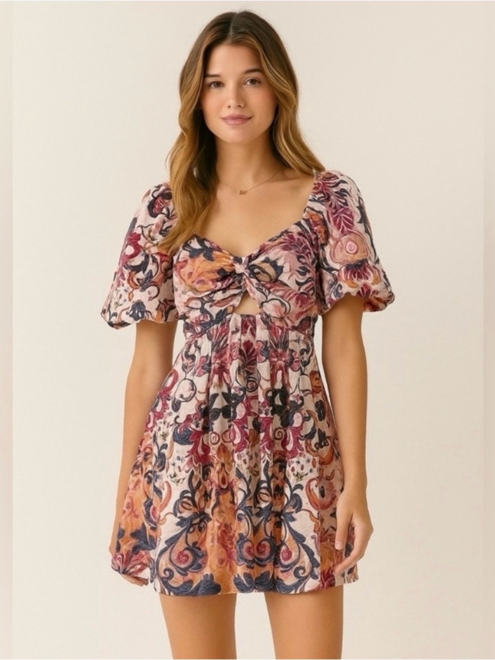 House of Harlow Linen Puff Sleeve Twist Front Cut Out Mini Dress Floral Size 6